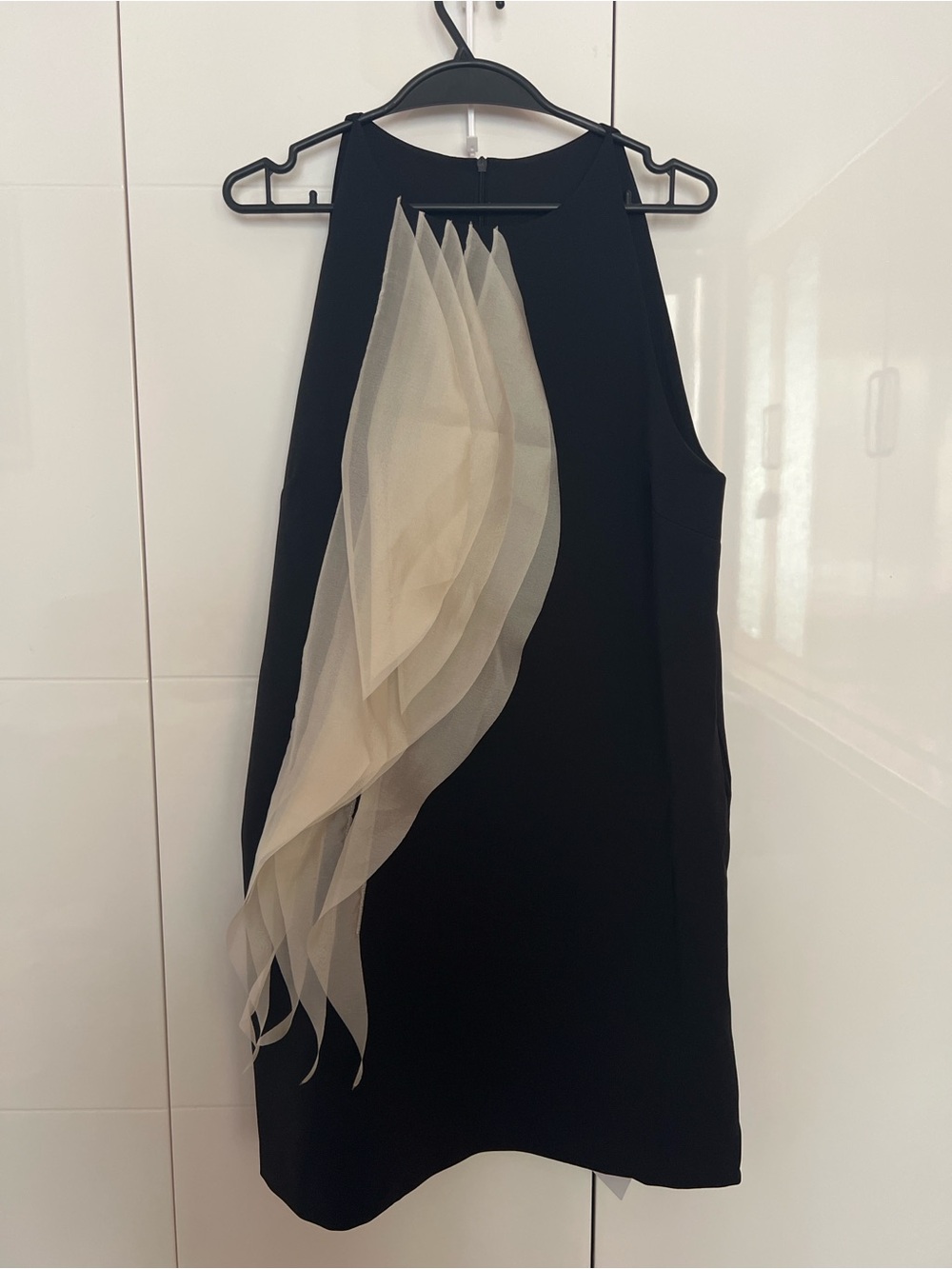 Black Sleeveless Shift Dress with Ivory Sheer Ruffle